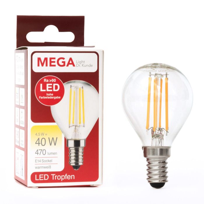 MegaLight LED-Filament Tropfenlampe 4,5W (40W) E14 927 NODIM klar
